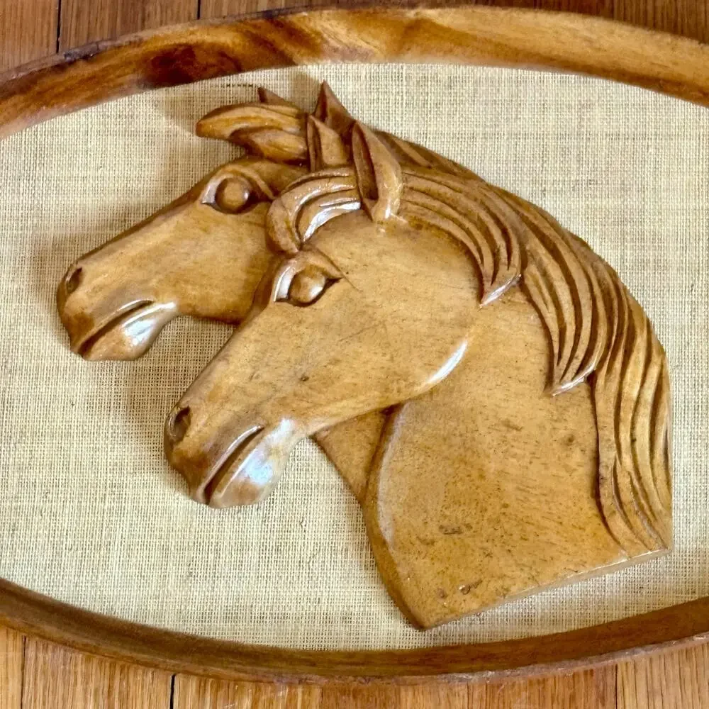 Vintage Carved Wood Horses over Burlp Wall Art in Oval Wooden Rustic Frame